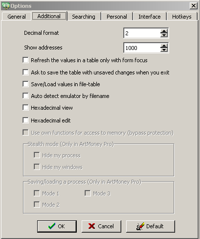 ArtMoney settings, General tab continued